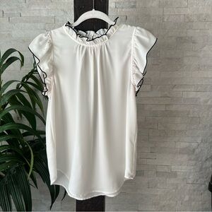 LOFT Cream Black Trim Ruffle Blouse Size Small